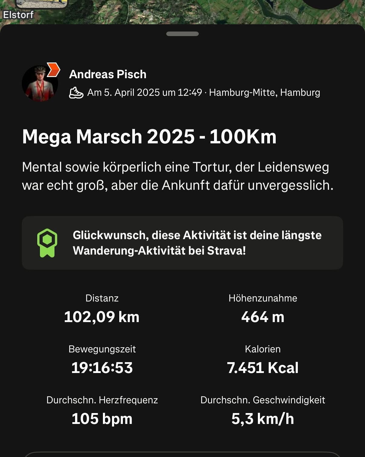 Strava Auswertung Mega Marsch 100 km